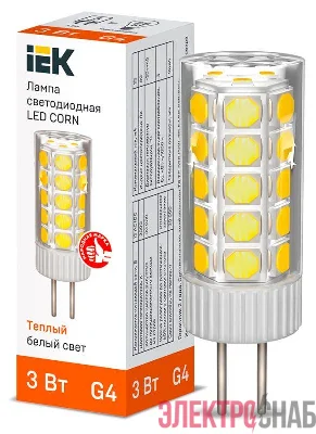Лампа светодиодная CORN 3Вт капсула 3000К G4 12В керамика IEK LLE-CORN-3-012-30-G4