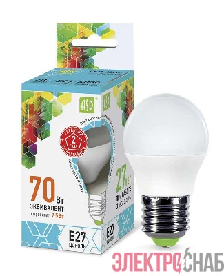 Лампа светодиодная LED-ШАР-standard 7.5Вт ШАР 4000К бел. E27 675лм 160-260В ASD 4690612003993
