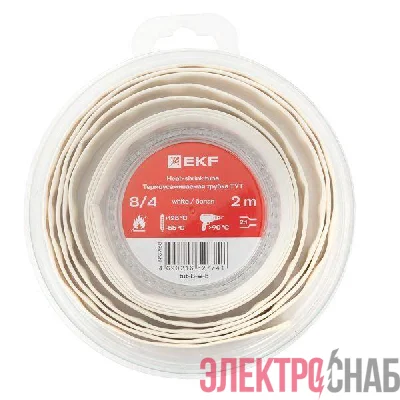 Трубка термоусадочная ТУТ нг 8/4 бел. ролик 2 м EKF tut-8-w-b