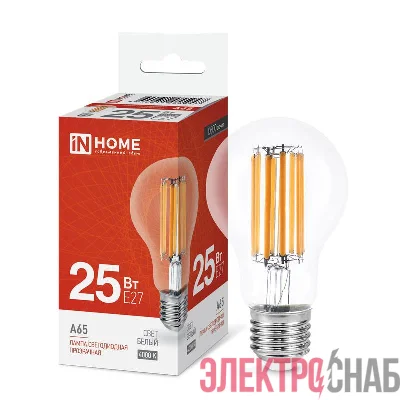 Лампа светодиодная филаментная LED-A65-deco грушевидная прозрачная 25Вт 230В E27 4000К 2480лм IN HOME 4690612055947