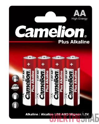 Элемент питания алкалиновый AA/LR6 1.5В Plus Alkaline LR6-BP4 (блист.4шт) Camelion 7370