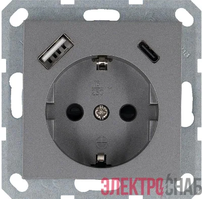 Розетка Shuko 16А с заземл. защ. шторки с 2-мя заряд. устройствами USB тип A+C 25Вт механизм алюм. Jasmart G5501USB-25S