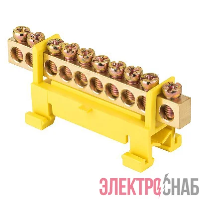 Шина нулевая PE 6х9 10 отверстий желт. изолятор тип "Стойка" на DIN-рейку латунь PROxima EKF sn0-63-10-sy