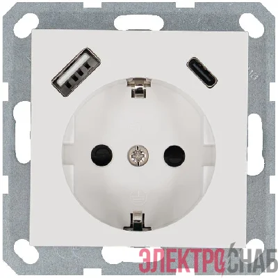 Розетка Shuko 16А с заземл. защ. шторки с 2-мя заряд. устройствами USB тип A+C 25Вт механизм бел. глянцевый Jasmart G5501USB-25W