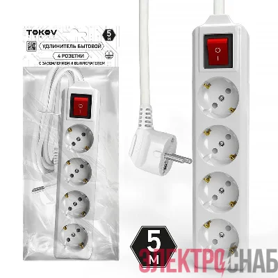 Удлинитель 4х5м с заземл. с выкл. 10А 3х1.5 TOKOV ELECTRIC TKL-C01-BU4-5-1.5-ZV