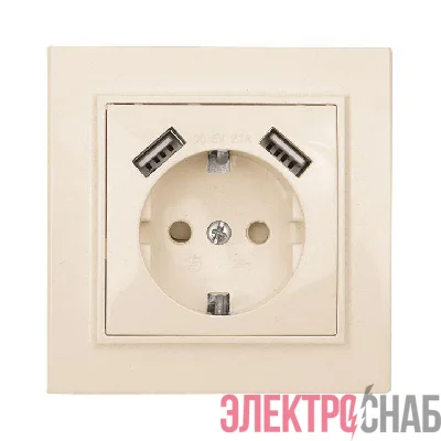 Розетка 1-м СП Минск 16А IP20 с заземл. защ. шторки с 2-мя заряд. устройствами USB 2.1А беж. EKF ERR16-028-200-2USB