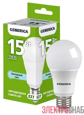 Лампа светодиодная A60 15Вт грушевидная 6500К E27 230В GENERICA LL-A60-15-230-65-E27-G