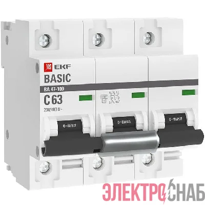 Выключатель автоматический модульный 3п C 63А 10кА ВА 47-100 Basic EKF mcb47100-3-63C-bas