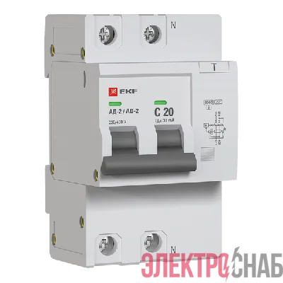 Выключатель автоматический дифференциального тока C 20А 30мА тип AC 6кА АД-2 (электрон.) защита 270В PROxima EKF DA2-6-20-30-pro