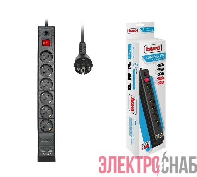 Удлинитель с сетевым фильтром 6х1.8м с заземл. 10А IP20 BU-SP1.8_USB_2A CCA 3х0.75 2USB черн. BURO 992310