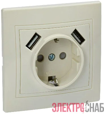 Розетка 1-м СП Кварта РЮш10-1-ККм 16А USBх2 2.1А с заземл. крем. IEK KV-R14-16-U2-K33