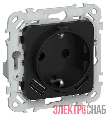 Розетка 1-м СП FLITE РСЮша11-1-ФлЧ 16А с USB A+A 3.1А с заземл. с защ. шторками безвинтовое крепление механизм черн. IEK FI-R14-16-1-U21-D31-K02