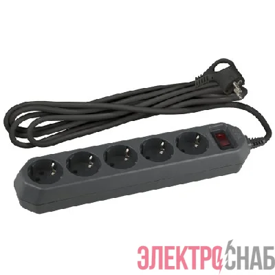 Удлинитель с сетевым фильтром 5х1.5м с заземл. 10А IP20 USF-5es-1.5m-B ПВС 3х0.75 с выкл. черн. Эра Б0019032