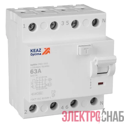 Выключатель дифференциального тока (УЗО) 4п 63А 100мА тип AC 4.5кА OptiDin DM63-4363 УХЛ4 КЭАЗ 343899