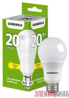 Лампа светодиодная A60 20Вт грушевидная 3000К E27 230В GENERICA LL-A60-20-230-30-E27-G