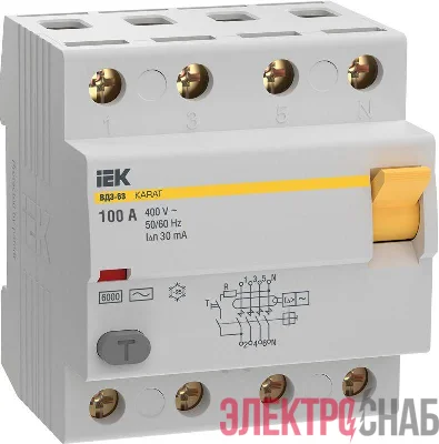 Выключатель дифференциального тока (УЗО) 4п 100А 30мА 6кА тип AC ВД3-63 KARAT IEK MDV20-4-100-030