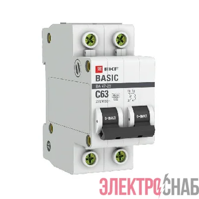 Выключатель автоматический модульный 2п C 63А 4.5кА ВА 47-29 Basic EKF mcb4729-2-63C