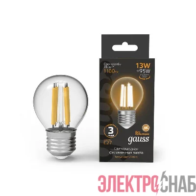 Лампа светодиодная филаментная Black Filament 13Вт P45 шар 2700К тепл. бел. E27 1100лм GAUSS 105802113