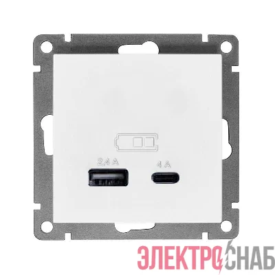 Розетка 2-м USB СП Афина 5В тип А(2.4А)+С(4А) механизм бел. Universal А0059