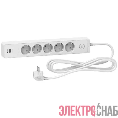 Удлинитель UNICA EXTEND 5 розеток 2К+З кабель 3м 2 USB бел. SchE ST945U3W