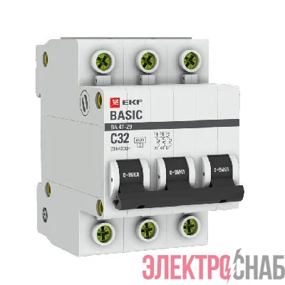 Выключатель автоматический модульный 3п C 32А 4.5кА ВА 47-29 Basic EKF mcb4729-3-32C