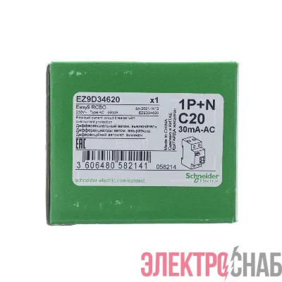 Выключатель автоматический дифференциального тока 2п (1P+N) C 20А 30мА тип AC 4.5кА EASY9 2мод. SchE EZ9D34620