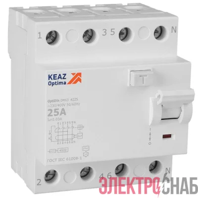 Выключатель дифференциального тока (УЗО) 4п 25А 30мА тип AC 4.5кА OptiDin DM63-4225 УХЛ4 КЭАЗ 343891