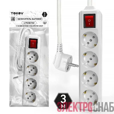Удлинитель 4х3м с заземл. с выкл. 10А 3х1.5 TOKOV LIGHT TKL-C01-BU4-3-1.5-ZV