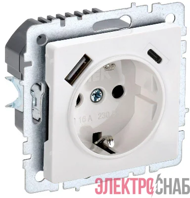 Розетка BRITE РЮш11-1-БрБ 16А с USB A+C 18Вт с заземл. защ. шторки механизм бел. IEK BR-R14-16-U22-018-K01