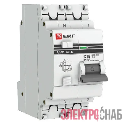 Выключатель автоматический дифференциального тока 2п (1P+N) C 16А 100мА тип AC 4.5кА АД-32 защита 270В электрон. PROxima EKF DA32-16-100-pro