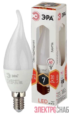 Лампа светодиодная BXS-7w-827-E14 свеча на ветру 560лм ЭРА Б0028482