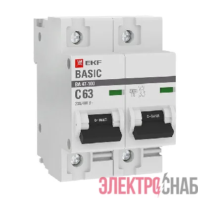 Выключатель автоматический модульный 2п C 63А 10кА ВА 47-100 Basic EKF mcb47100-2-63C-bas
