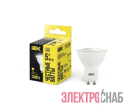 Лампа светодиодная Eco PAR16 5Вт 3000К тепл. бел. GU10 450лм 230-240В IEK LLE-PAR16-5-230-30-GU10