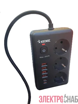 Удлинитель с сетевым фильтром 3х1.5м 10А 4USB + 2USBC 2500Вт ПВС 3х1 прямоуг. черн. КОСМОС FKsm1.5m-3gPF(B)USB