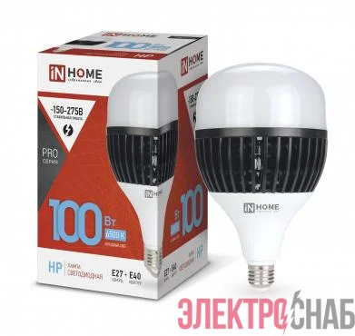 Лампа светодиодная LED-HP-PRO 100Вт грушевидная 6500К холод. бел. E27 9500лм 150-275В с адаптером E40 бел. IN HOME 4690612035697