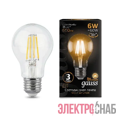 Лампа светодиодная филаментная Black Filament 6Вт A60 грушевидная 2700К тепл. бел. E27 600лм GAUSS 102802106