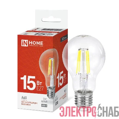 Лампа светодиодная филаментная LED-A60-deco грушевидная прозрачная 15Вт 230В E27 4000К 1480лм IN HOME 4690612055909