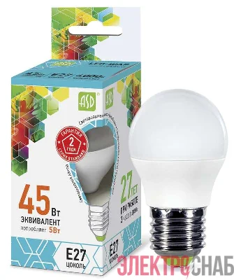 Лампа светодиодная LED-ШАР-standard 5Вт ШАР 4000К бел. E27 450лм 160-260В ASD 4690612002187