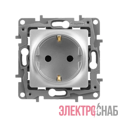Розетка 1-м СП Etika 16А IP31 250В 2P+E с заземл. защ. шторки немецк. стандарт винтов. клеммы механизм алюм. Leg 672422