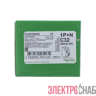 Выключатель автоматический дифференциального тока 2п (1P+N) C 32А 30мА тип AC 4.5кА EASY9 2мод. SchE EZ9D34632