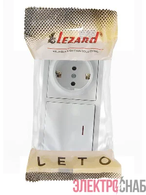 Блок выключатель 1-клав. с инд. и розетка 1-местн с заземл. LETO бел. горизонталь LEZARD 752-0200-170BIP