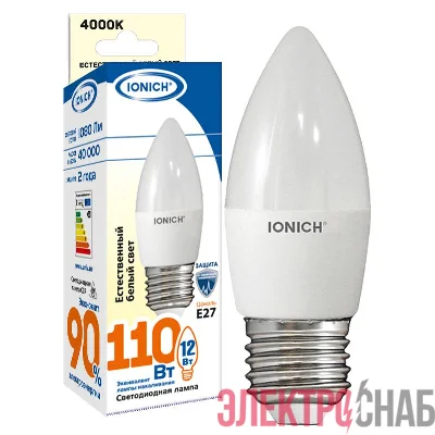 Лампа светодиодная C37 12Вт свеча 4000К E27 230В IONICH 1910