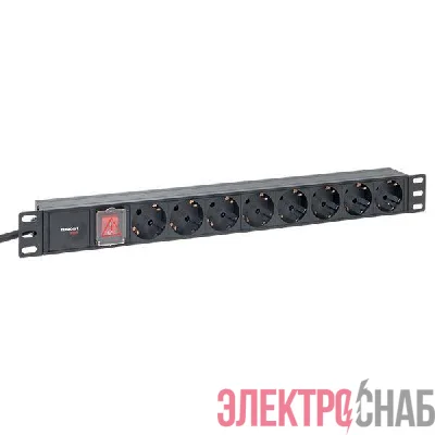 Блок PDU TERACOM PRO 19дюйм 1U 16А/250В 8 роз. Schuko с выключат. шнур 2м 3х1.5кв.мм вилка Schuko корпус алюм. черн. EKF TRP-HPD-LS-16A-8SH-2MSH