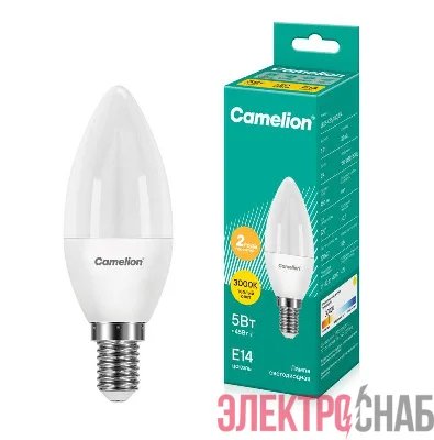 Лампа светодиодная LED5-C35/830/E14 5Вт свеча матовая 3000К тепл. бел. E14 410лм 170-265В Camelion 12031