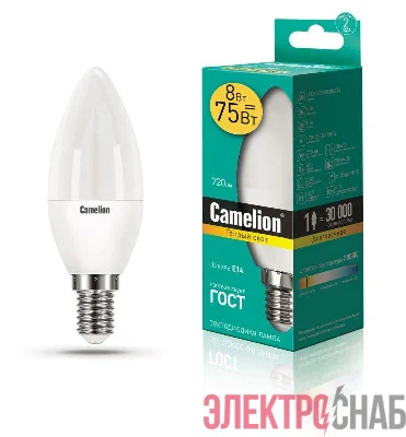 Лампа светодиодная LED8-C35/830/E14 8Вт свеча 3000К тепл. бел. E14 720лм 170-265В Camelion 12385