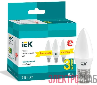 Лампа светодиодная 7Вт C35 свеча 4000К нейтр. бел. E14 230В (уп.3шт) IEK LLE-C35-07-230-40-E14-3