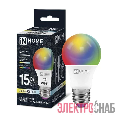Лампа светодиодная LED-A60-RGBW-SMART 15Вт 3000-6500К E27 1450лм 230В димм. IN HOME 4690612050034