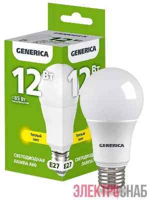 Лампа светодиодная A60 12Вт грушевидная 3000К E27 230В GENERICA LL-A60-12-230-30-E27-G