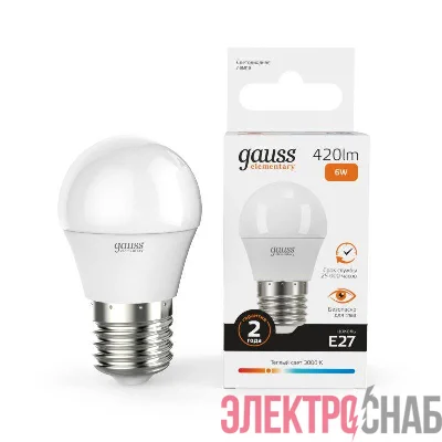 Лампа светодиодная Elementary 6Вт P45 шар 3000К тепл. бел. E27 420лм GAUSS 53216