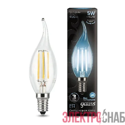 Лампа светодиодная филаментная Black Filament 5Вт свеча на ветру 4100К нейтр. бел. E14 450лм GAUSS 104801205